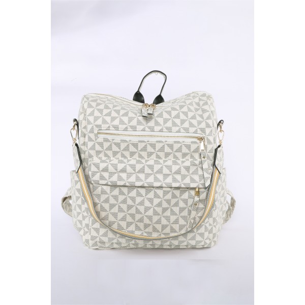 White Geometric Print Zipper Backpack