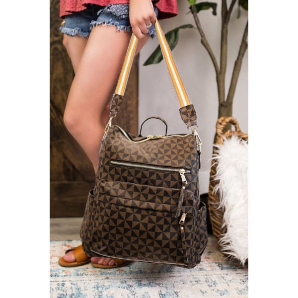 Brown Geometric Print Zipper Backpack