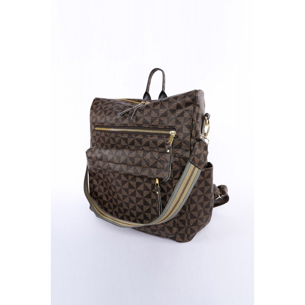 Brown Geometric Print Zipper Backpack