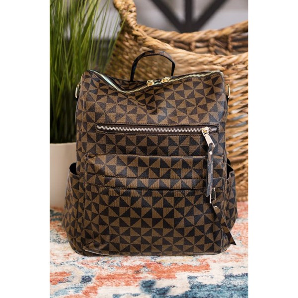 Brown Geometric Print Zipper Backpack