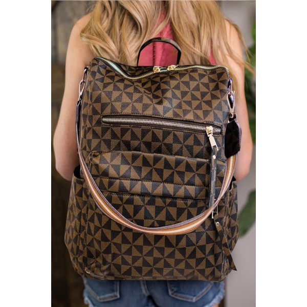 Brown Geometric Print Zipper Backpack