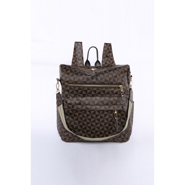 Brown Geometric Print Zipper Backpack
