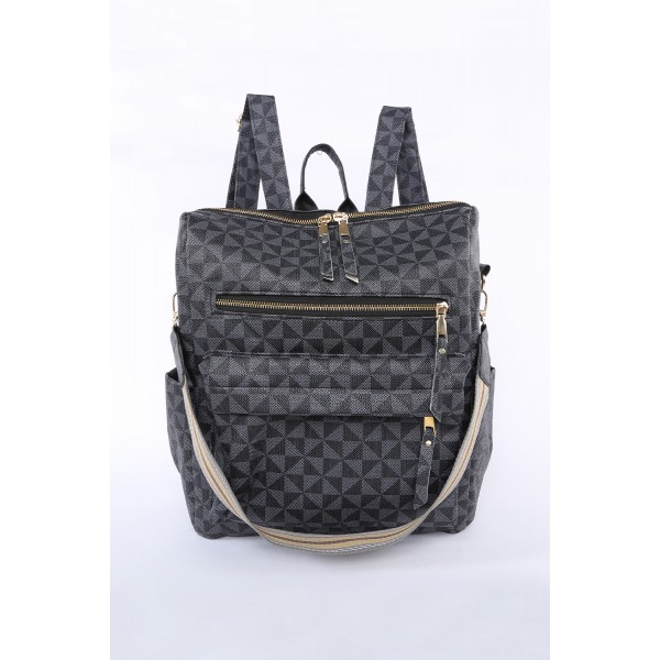 Blue Geometric Print Zipper Backpack