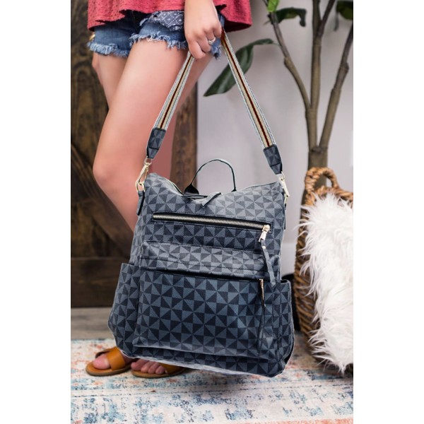 Blue Geometric Print Zipper Backpack