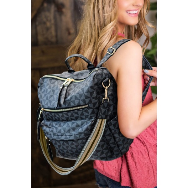Blue Geometric Print Zipper Backpack