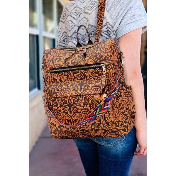 Sunflower Print PU Leather Backpack