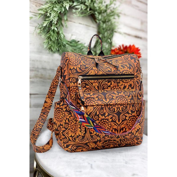 Sunflower Print PU Leather Backpack
