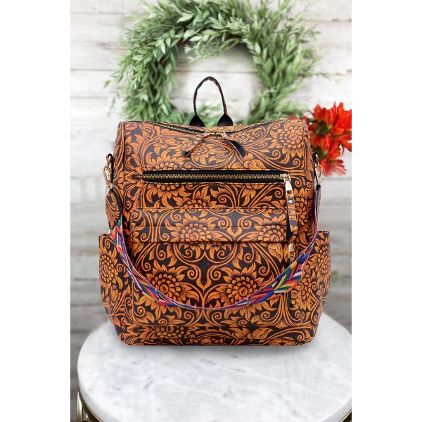 Sunflower Print PU Leather Backpack