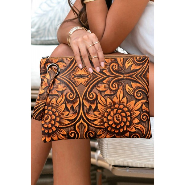 Brown Bohemian Sunflower Print Clutch