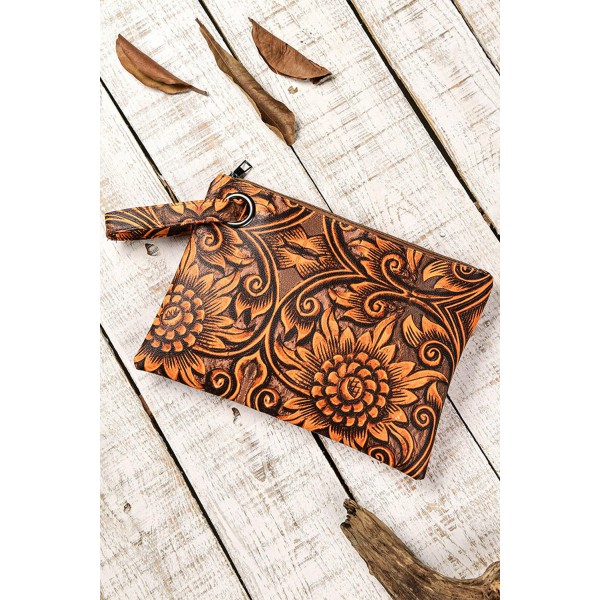 Brown Bohemian Sunflower Print Clutch