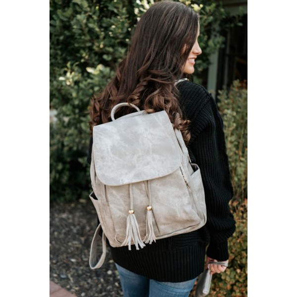 Gray Tassel Convertible Backpack with Matching Clutch