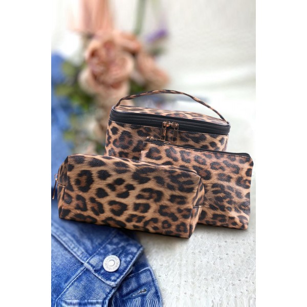 Three-piece Leopard Print Cosmetic Bags