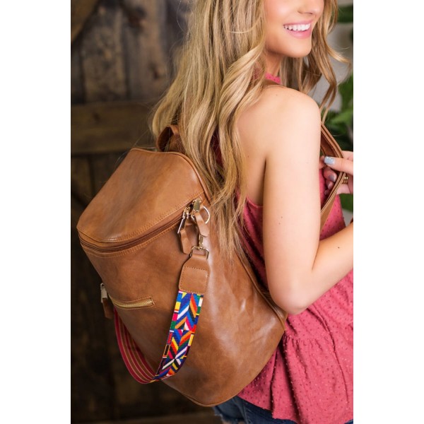 Brown Color Strap Faux Leather Backpack