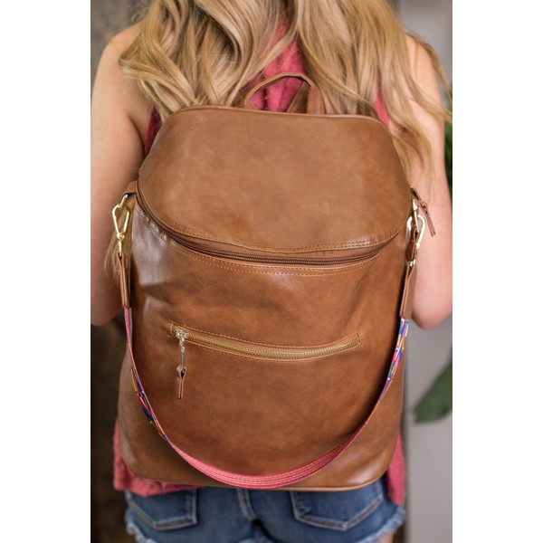 Brown Color Strap Faux Leather Backpack