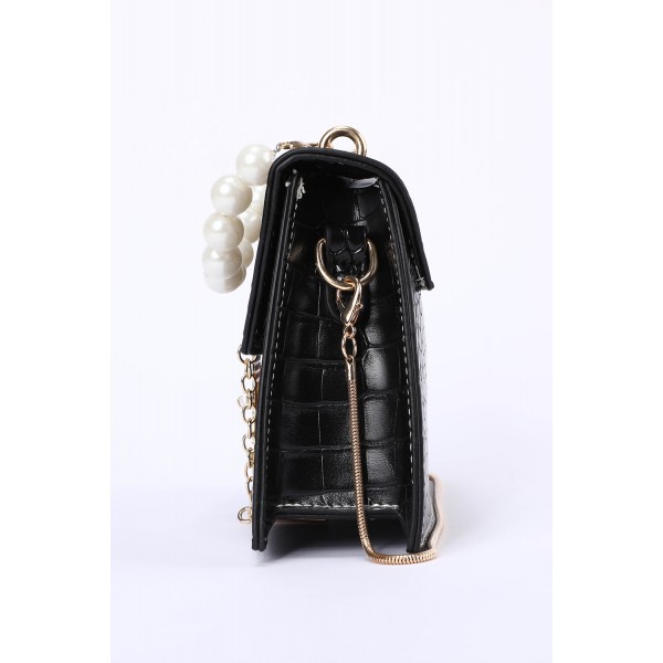 Black Lock Pearl Crocodile Embossed Small Square Shoulder Bag