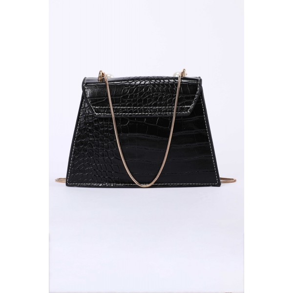 Black Lock Pearl Crocodile Embossed Small Square Shoulder Bag