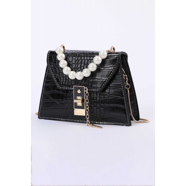 Black Lock Pearl Crocodile Embossed Small Square Shoulder Bag