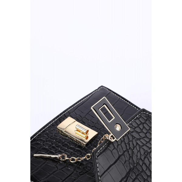 Black Lock Pearl Crocodile Embossed Small Square Shoulder Bag