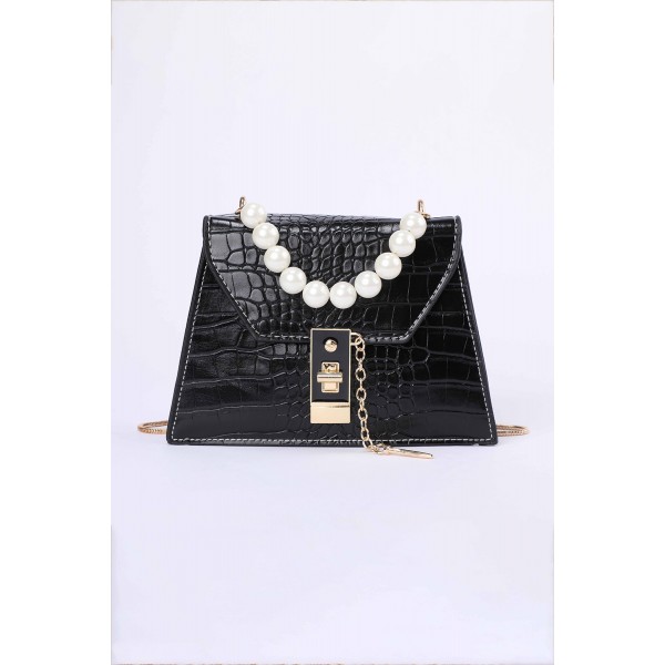 Black Lock Pearl Crocodile Embossed Small Square Shoulder Bag