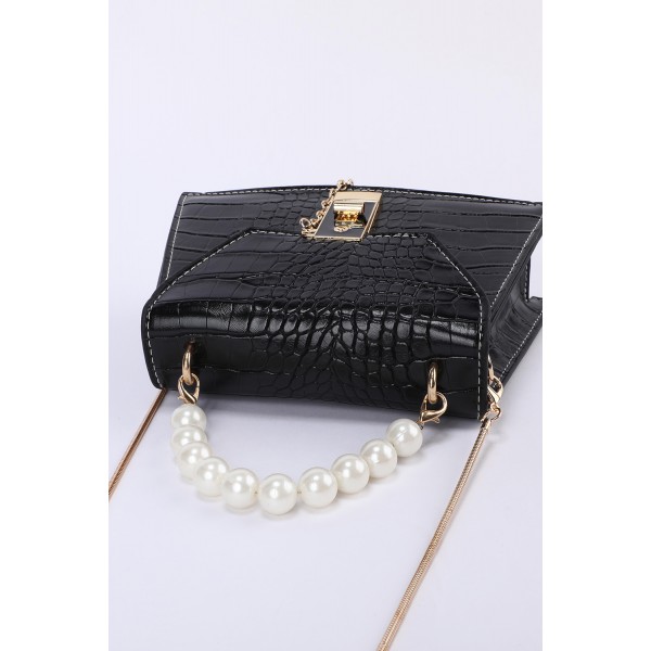 Black Lock Pearl Crocodile Embossed Small Square Shoulder Bag