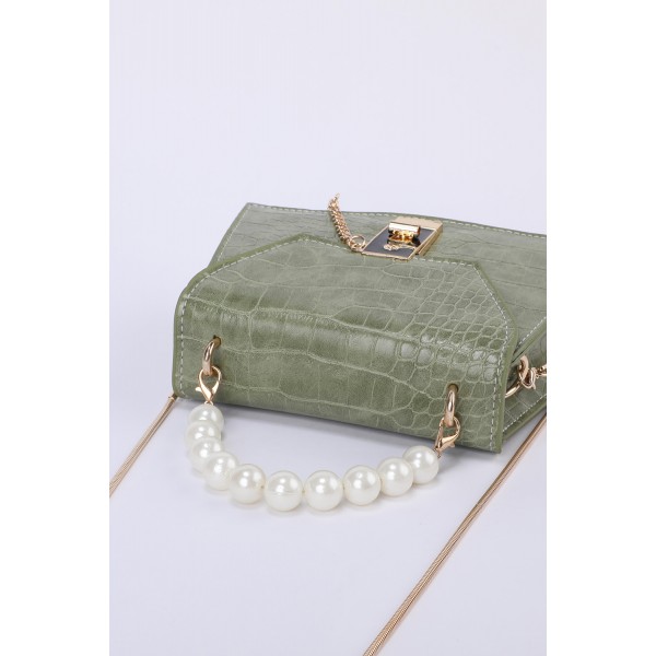 Green Lock Pearl Crocodile Embossed Small Square Shoulder Bag