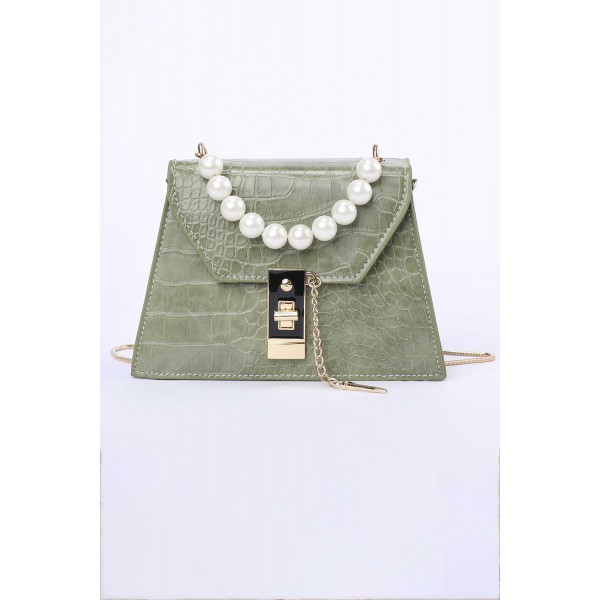 Green Lock Pearl Crocodile Embossed Small Square Shoulder Bag