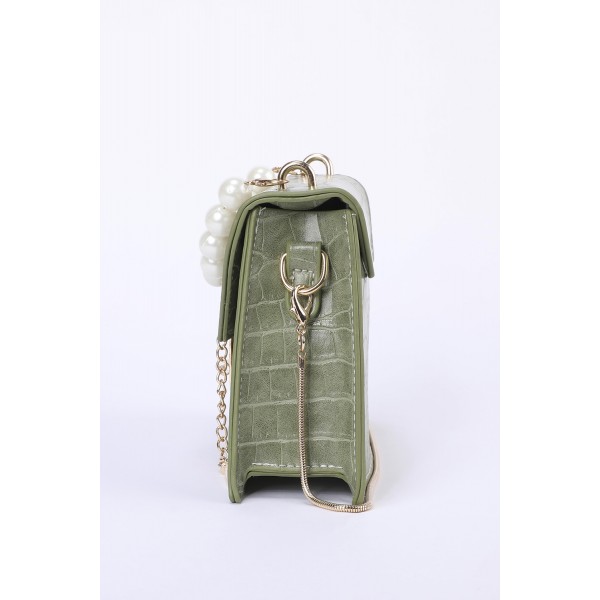 Green Lock Pearl Crocodile Embossed Small Square Shoulder Bag