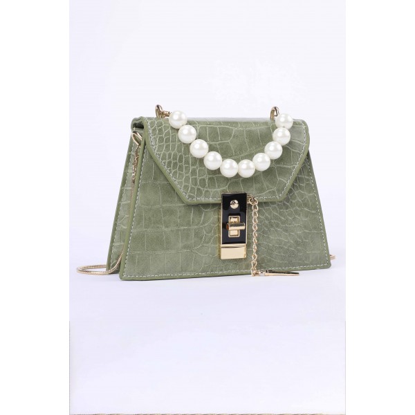 Green Lock Pearl Crocodile Embossed Small Square Shoulder Bag