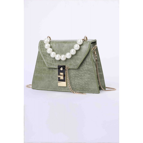 Green Lock Pearl Crocodile Embossed Small Square Shoulder Bag