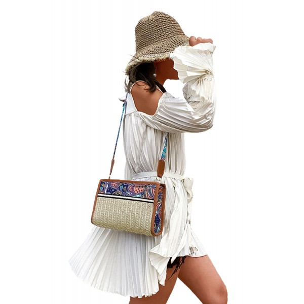 Khaki Ethnic Pattern Splicing Straw Crossbody Bag