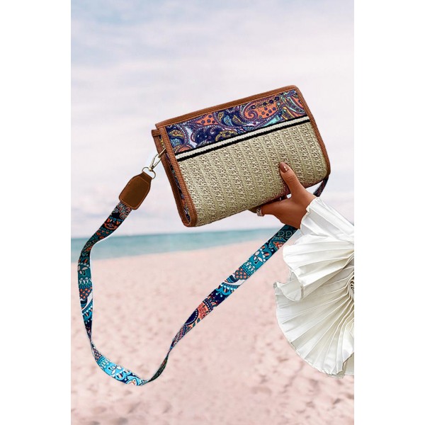 Khaki Ethnic Pattern Splicing Straw Crossbody Bag