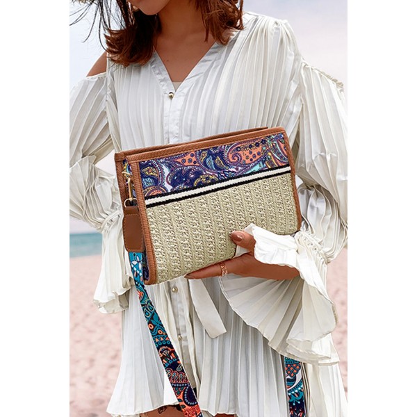 Khaki Ethnic Pattern Splicing Straw Crossbody Bag