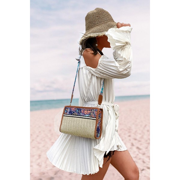 Khaki Ethnic Pattern Splicing Straw Crossbody Bag