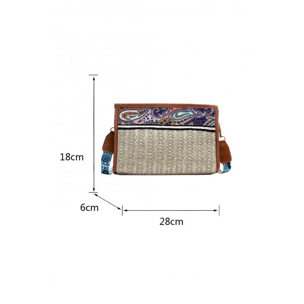 Khaki Ethnic Pattern Splicing Straw Crossbody Bag