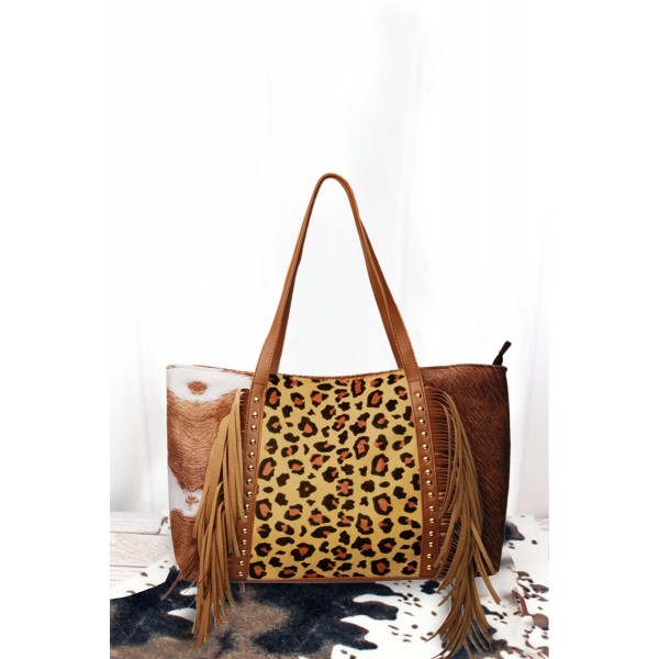 Leopard Color Block Tassel Tote Bag