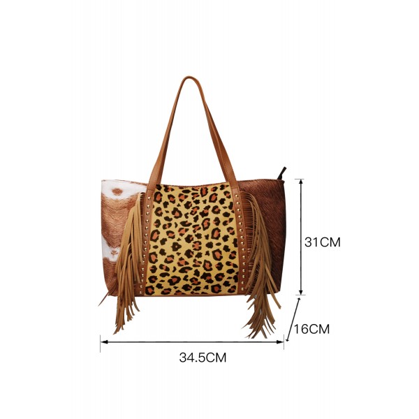 Leopard Color Block Tassel Tote Bag