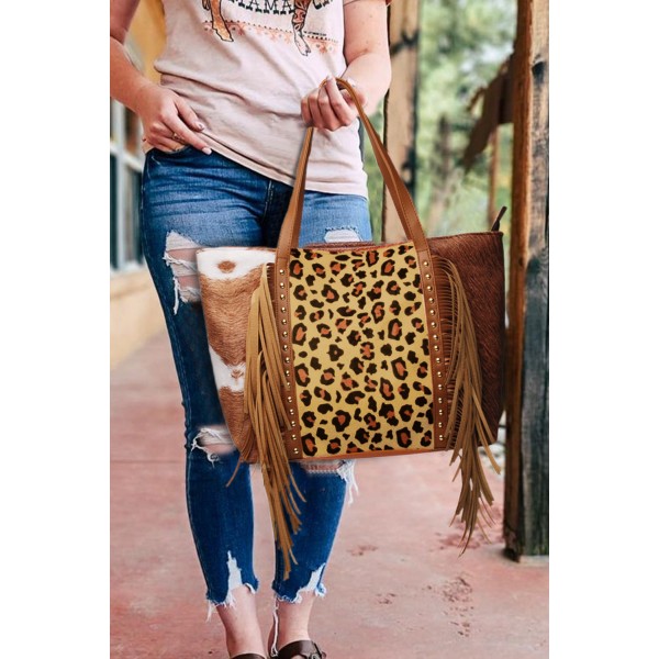 Leopard Color Block Tassel Tote Bag