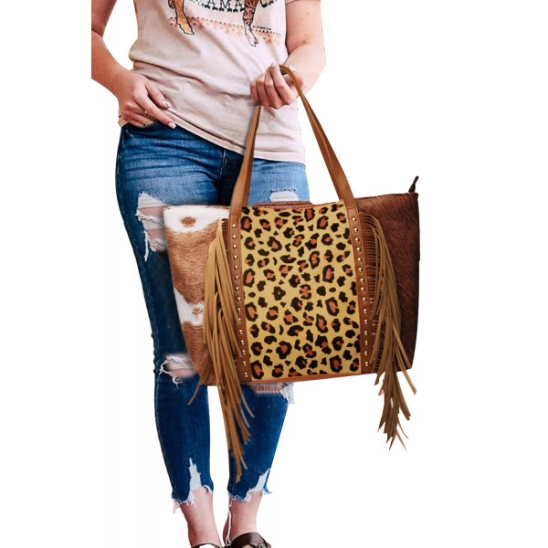Leopard Color Block Tassel Tote Bag