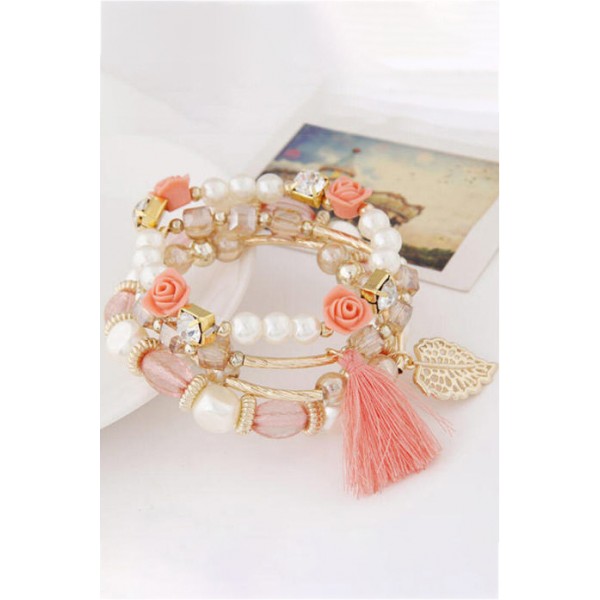 Pink Floral Leaf Tassel Beading Multi-Layered Bracelet