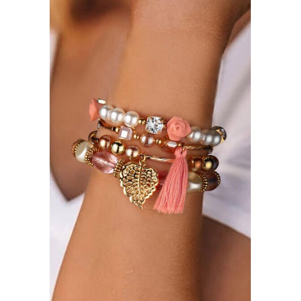 Pink Floral Leaf Tassel Beading Multi-Layered Bracelet