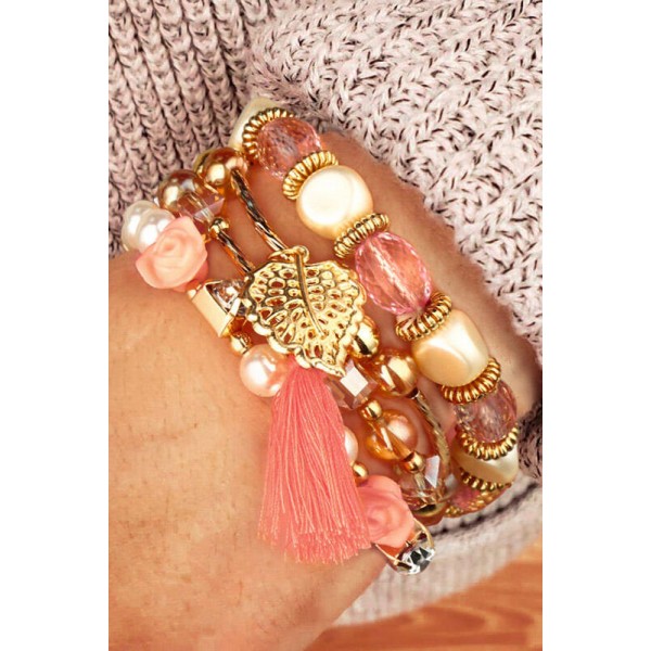 Pink Floral Leaf Tassel Beading Multi-Layered Bracelet