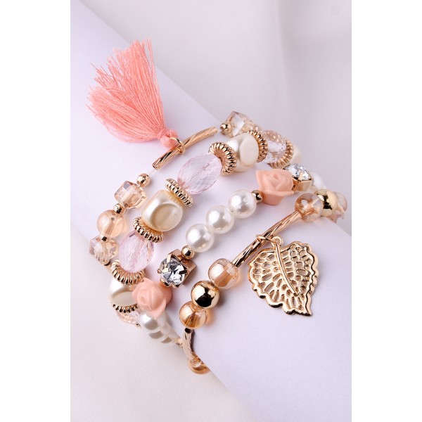 Pink Floral Leaf Tassel Beading Multi-Layered Bracelet