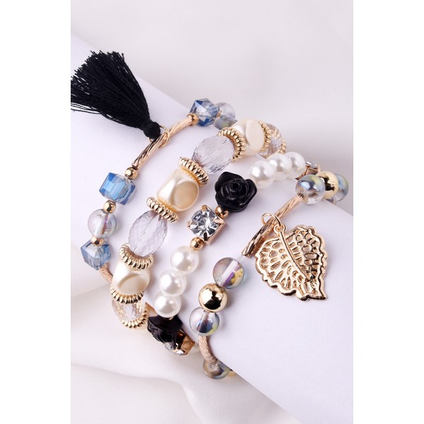 Black Floral Leaf Tassel Beading Multi-Layered Bracelet
