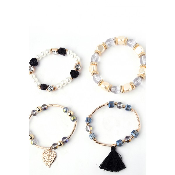 Black Floral Leaf Tassel Beading Multi-Layered Bracelet