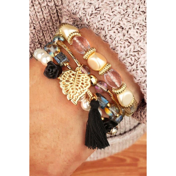 Black Floral Leaf Tassel Beading Multi-Layered Bracelet