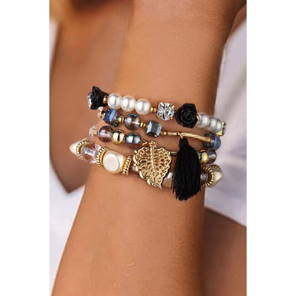 Black Floral Leaf Tassel Beading Multi-Layered Bracelet