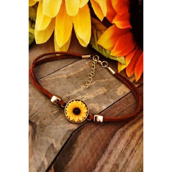 Vintage Sunflower Leather Bracelet