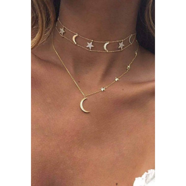 Tiered Stars Moon Pendant Necklace
