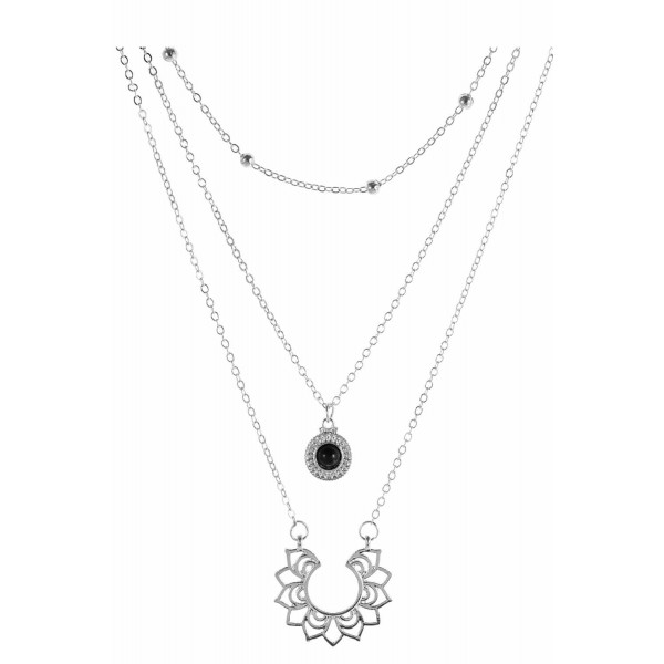 Silvery Layered Lotus Pendant Beaded Necklace