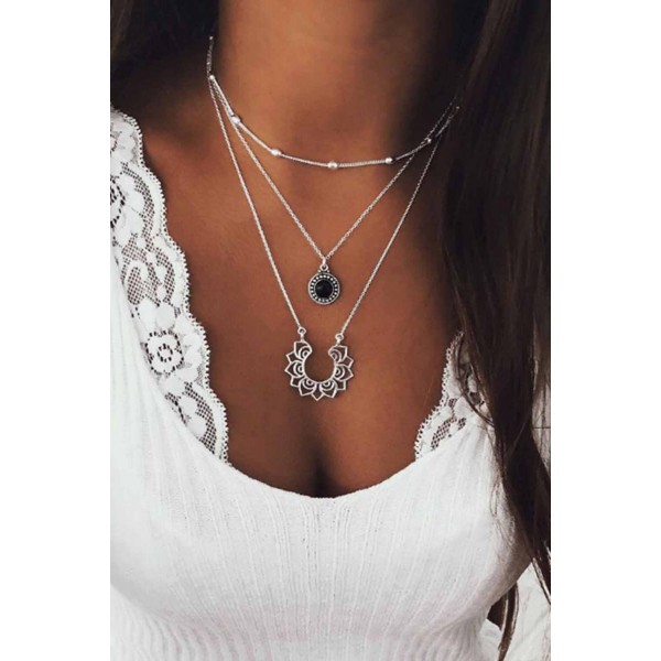 Silvery Layered Lotus Pendant Beaded Necklace
